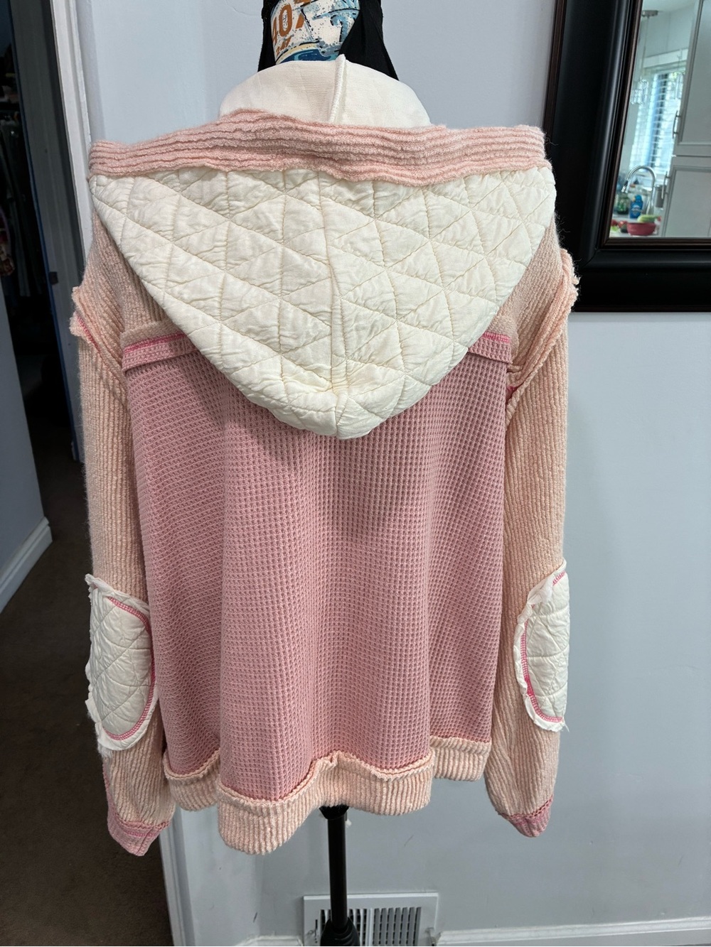 POL Pink and Cream Quilted Mixed-Knit Hooded Cardigan - Picture 6 of 9